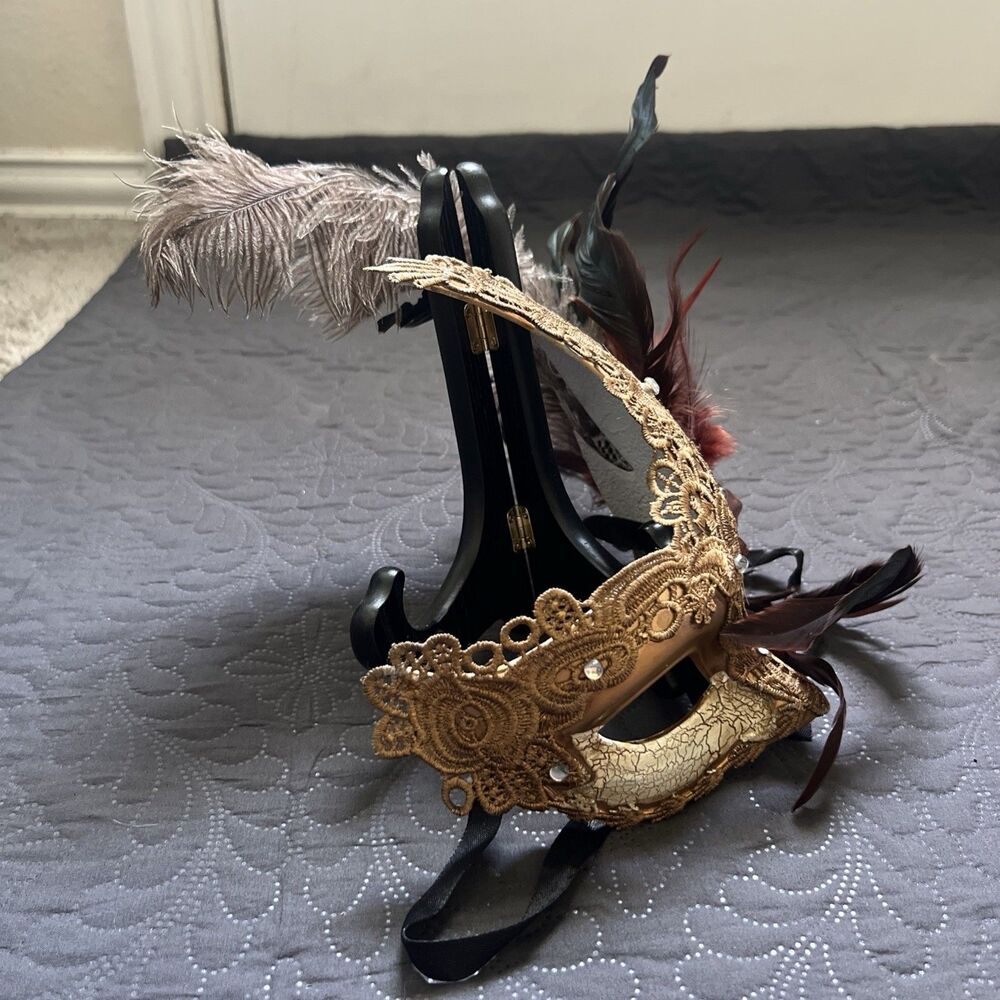 Gold Lace,Rose & Feathers Mardi Gras Glam Chic Mask Mystery Halloween Party Foto - Picture 6 of 9